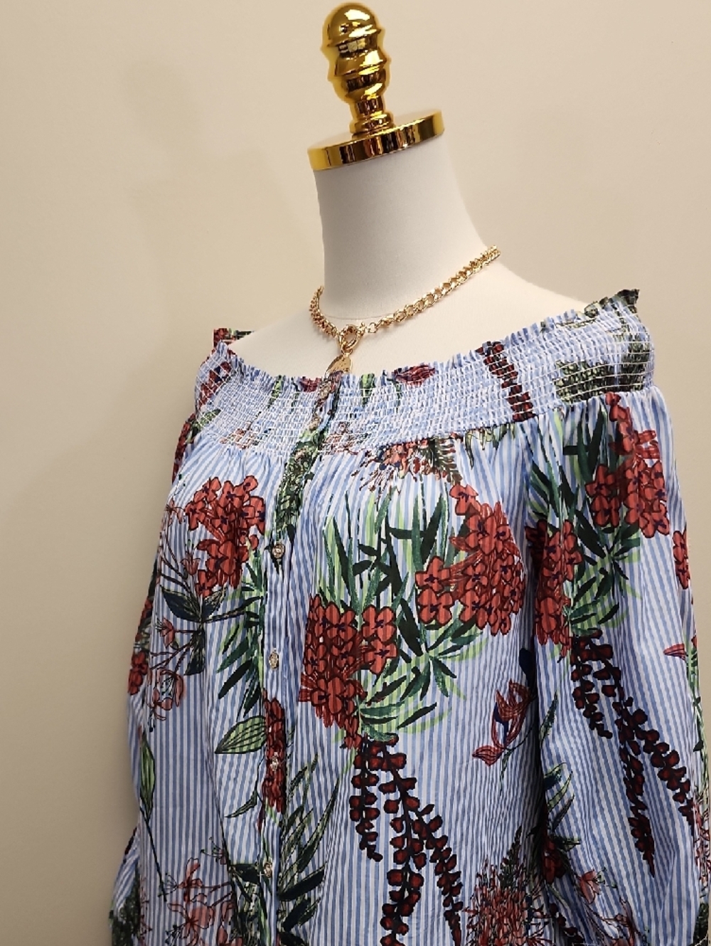 Tommy Hilfiger Off Shoulder Blouse Blue Stripe Floral Long Sleeve Size Medium - Picture 5 of 12
